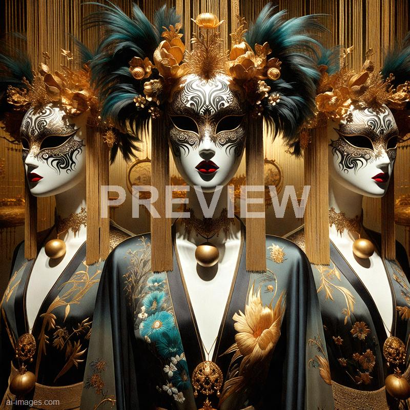 The image features three mannequins dressed in elaborate, ornate costumes with intricate black and gold patterns, floral motifs, and jewelry. They wear striking masks with black and white designs, accented with gold floral embellishments, and have feathered headpieces in shades of black and teal. The background appears to be a richly decorated space with warm lighting, emphasizing the luxurious and theatrical atmosphere.